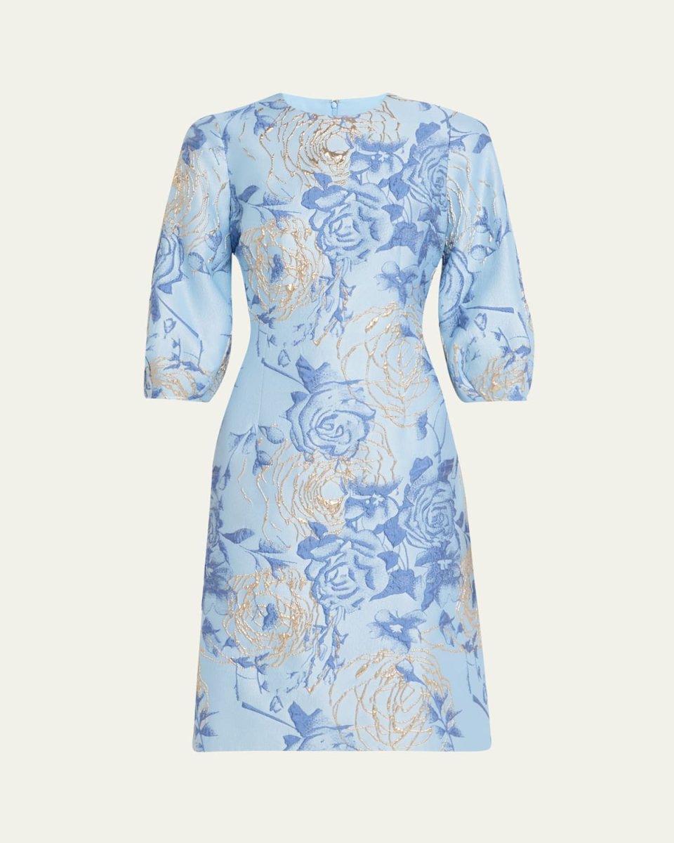 Puff-Sleeve Metallic Floral Jacquard Dress